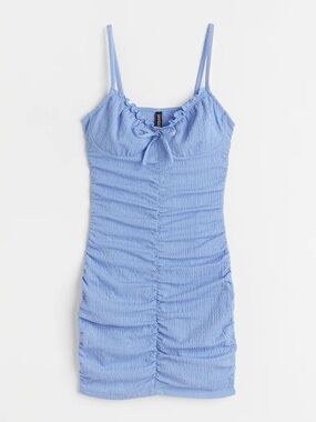 H&M Divided Light Blue Textured Ruched Spaghetti Strap Dress
